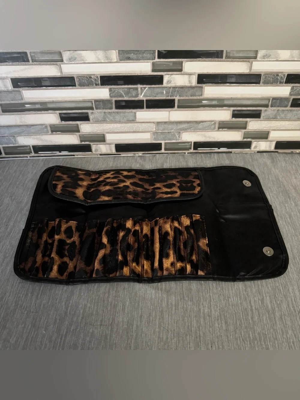 Leopard Print Travel Roll-Up Makeup Brush Organizer Case